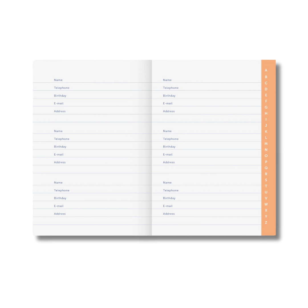Køb Address Book Lavendelblå med orange kanter | 149,95 | Fri fragt over 149 kr. | Hurtig levering | Dag til dag levering | A-Journal | Notesbog, Organisering, Adresser, Telefonnummer, Mail