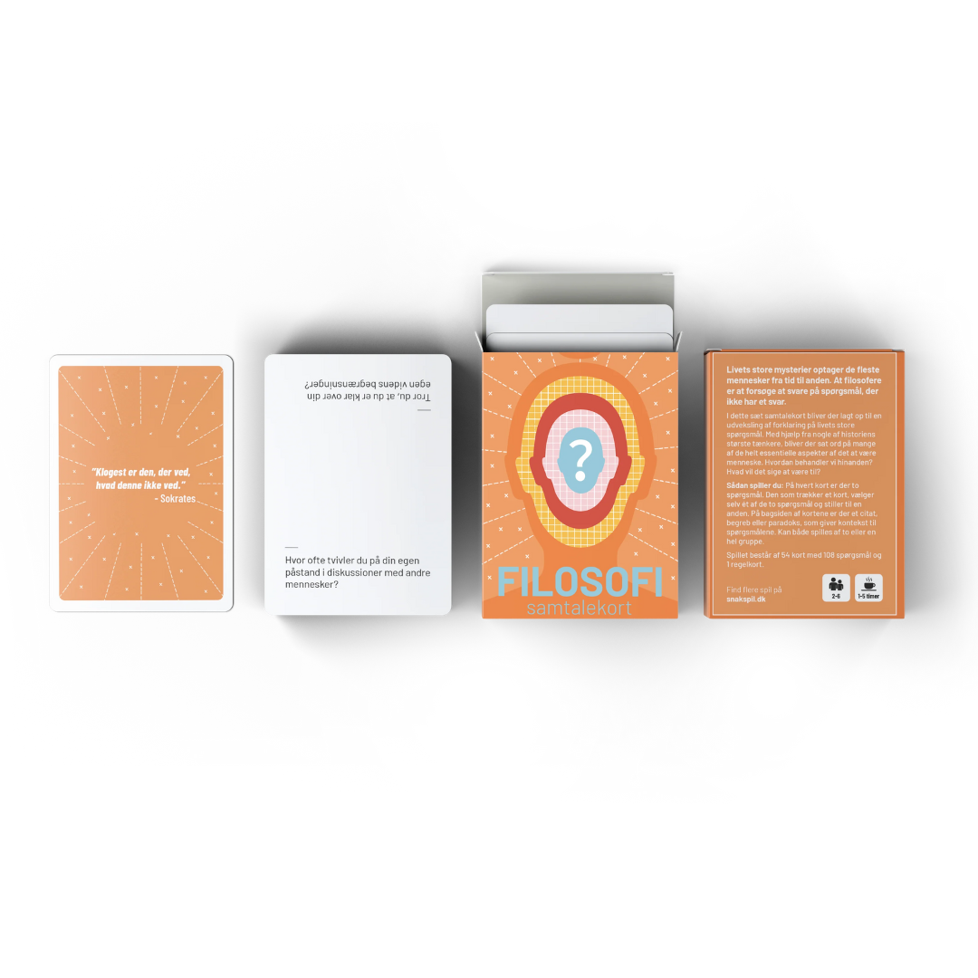Køb Filosofi - Samtalekort om livets små og store spørgsmål | 99,95 | Fri fragt over 149 kr. | Hurtig levering | Dag til dag levering | SNAK | Spil, Spillekort, Leg, Spørgsmål, Hvad vil du vide? Snakspil, Samtalespil til enhver tid - for enhver smag, Samtalekort til de gode snakke, For par, I fællesskaber, Festligelejligheder, Netværksgrupper, Sjove samtalespil for venner og familie, Hygge og nærvær på spil