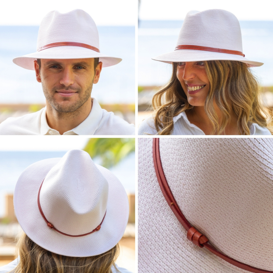 Køb Hat med læder strop | 499,00 | Findes i flere farver | Fri fragt over 149 kr. | Hurtig levering | Dag til dag levering | Travaux en cours | Tidløs, Unisex, Sommerhat, Strandhat, Solhat, Ultralet, Tekstureret papir