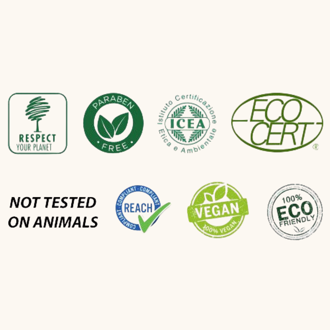 Certificeringsmærker: Respect Your Planet, Paraben Free, ICEA, Ecocert, Vegan, REACH og Eco Friendly