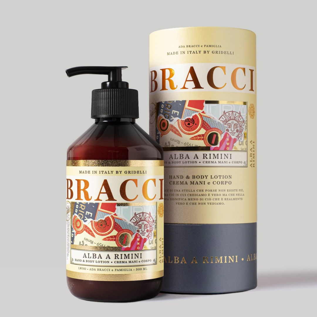 Bracci Alba a Rimini hånd- og bodylotion i brun pumpeflaske med dekorativ etiket og gaveæske
