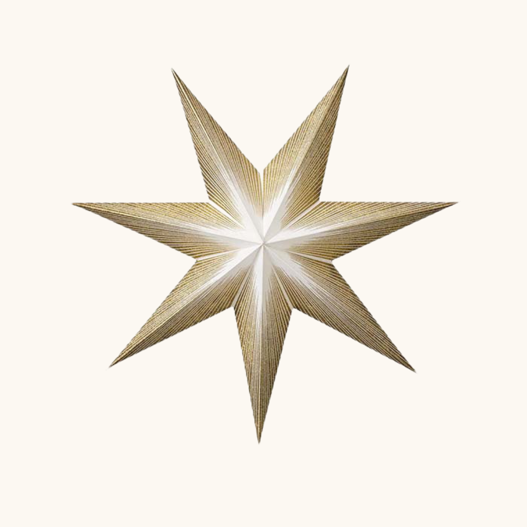 Syvtakket papirstjerne i hvid og guld med stribede udskæringer og glimmerdetaljer