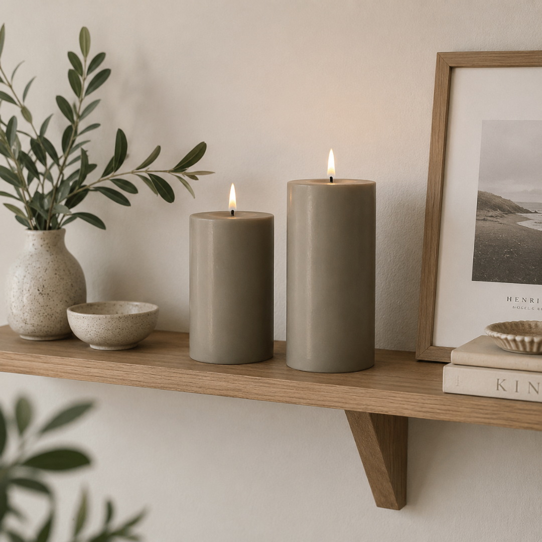 To sandfarvet LED bloklys i voks med naturtro flammer, i to forskellige højder