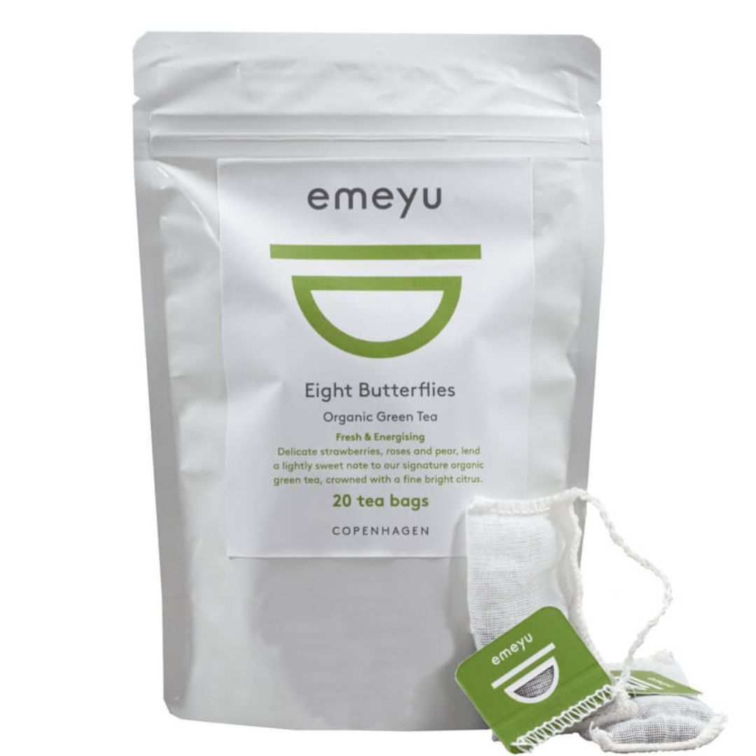Køb 20 stk. bomulds teposer med økologisk te | 99,95 | Emeyu, Te, Teblanding, Grøn te, Hvid te, Earl Grey, Herbal, White tea, Green tea