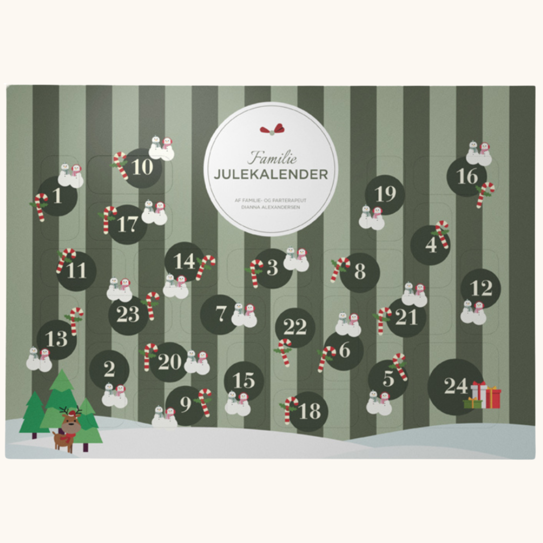 Grøn papir familiejulekalender med 24 nummererede låger og julemotiver