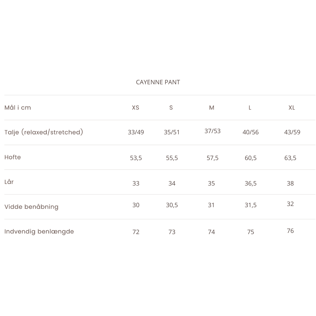 Størrelsesguide - Bukser Cayenna