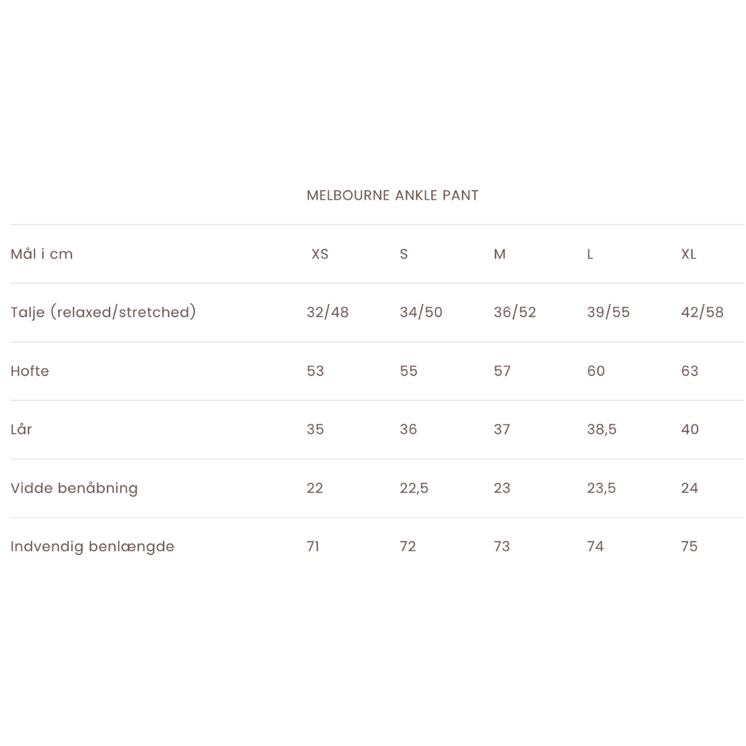Størrelsesguide - Bukser Melbourne Ankel