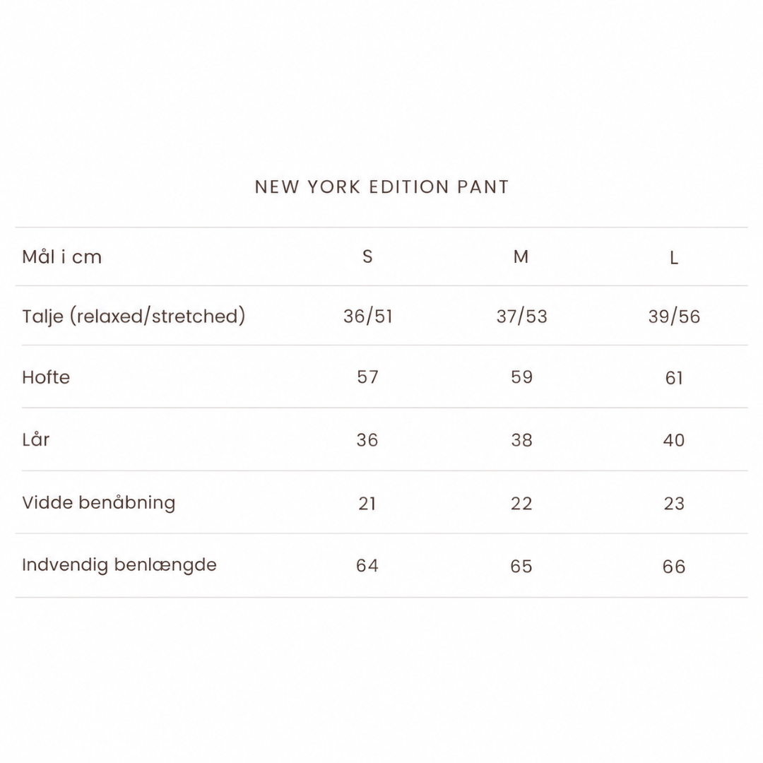 Størrelsesguide for New York Edition Pant med mål i cm for S, M og L