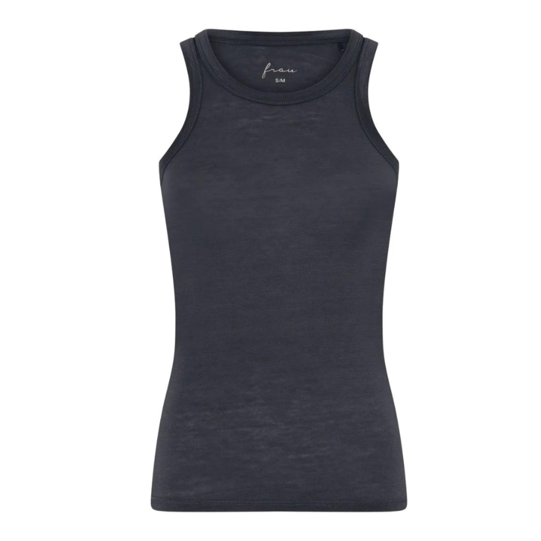 Mørkeblå tanktop i modal og cashmere med rund hals og bryderryg