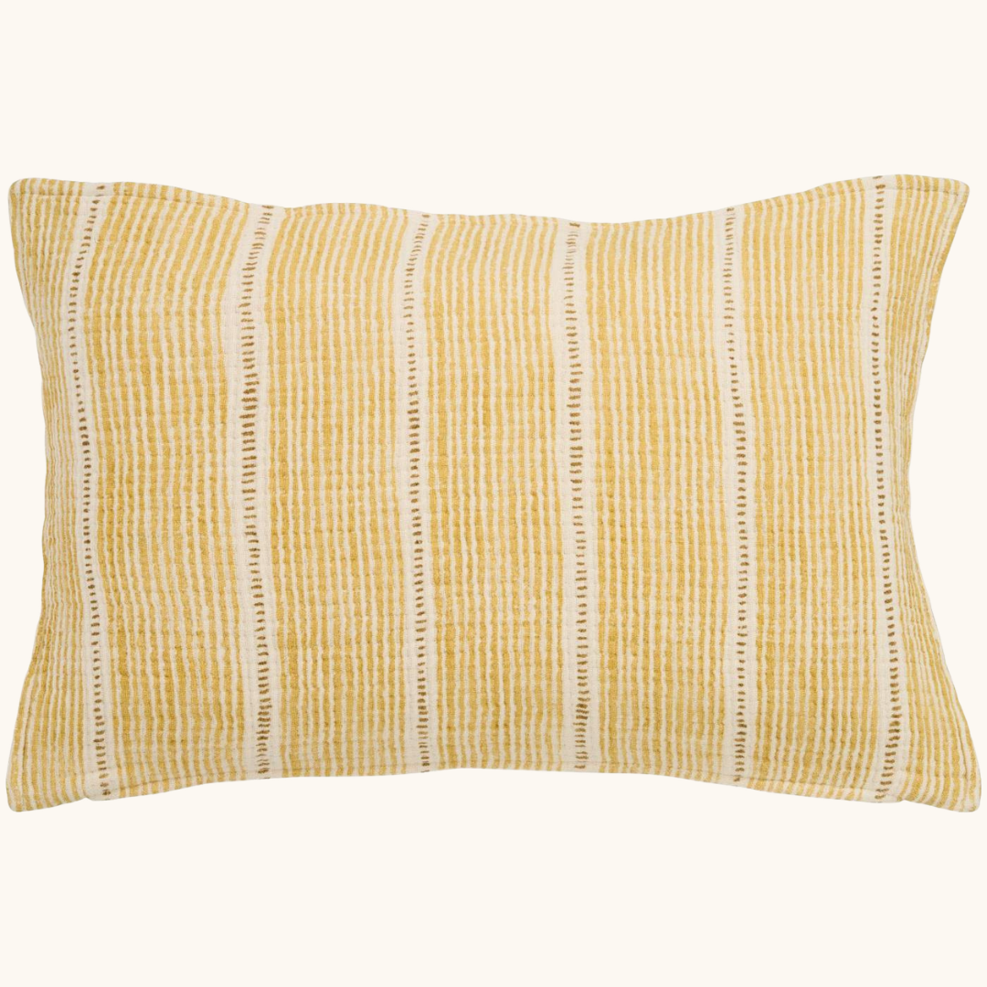Mustard og off white stribet pudebetræk i bomuld, 40x60 cm