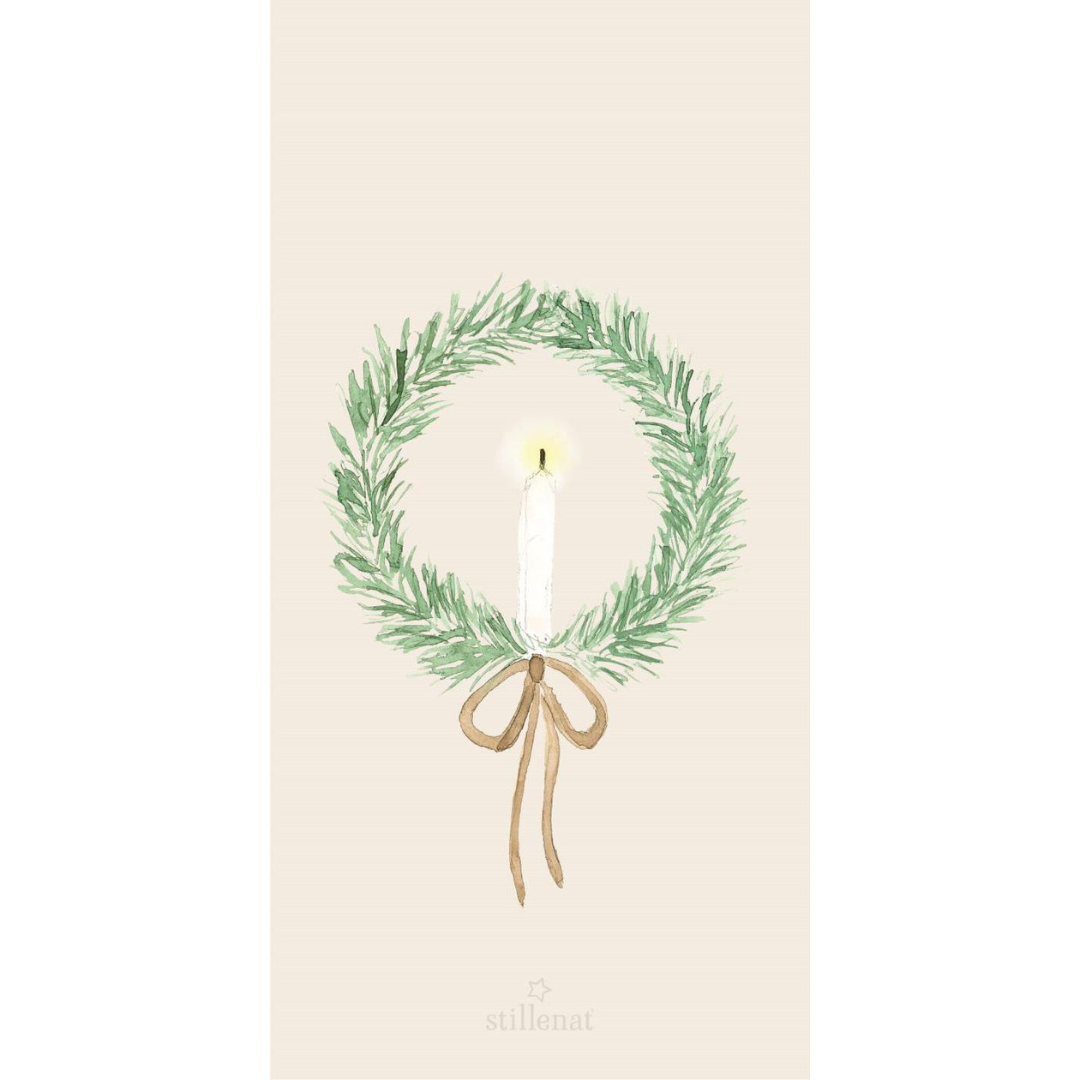 Creme papirserviet med akvarel-illustration af grøn grangren-krans, hvidt lys og beige sløjfe