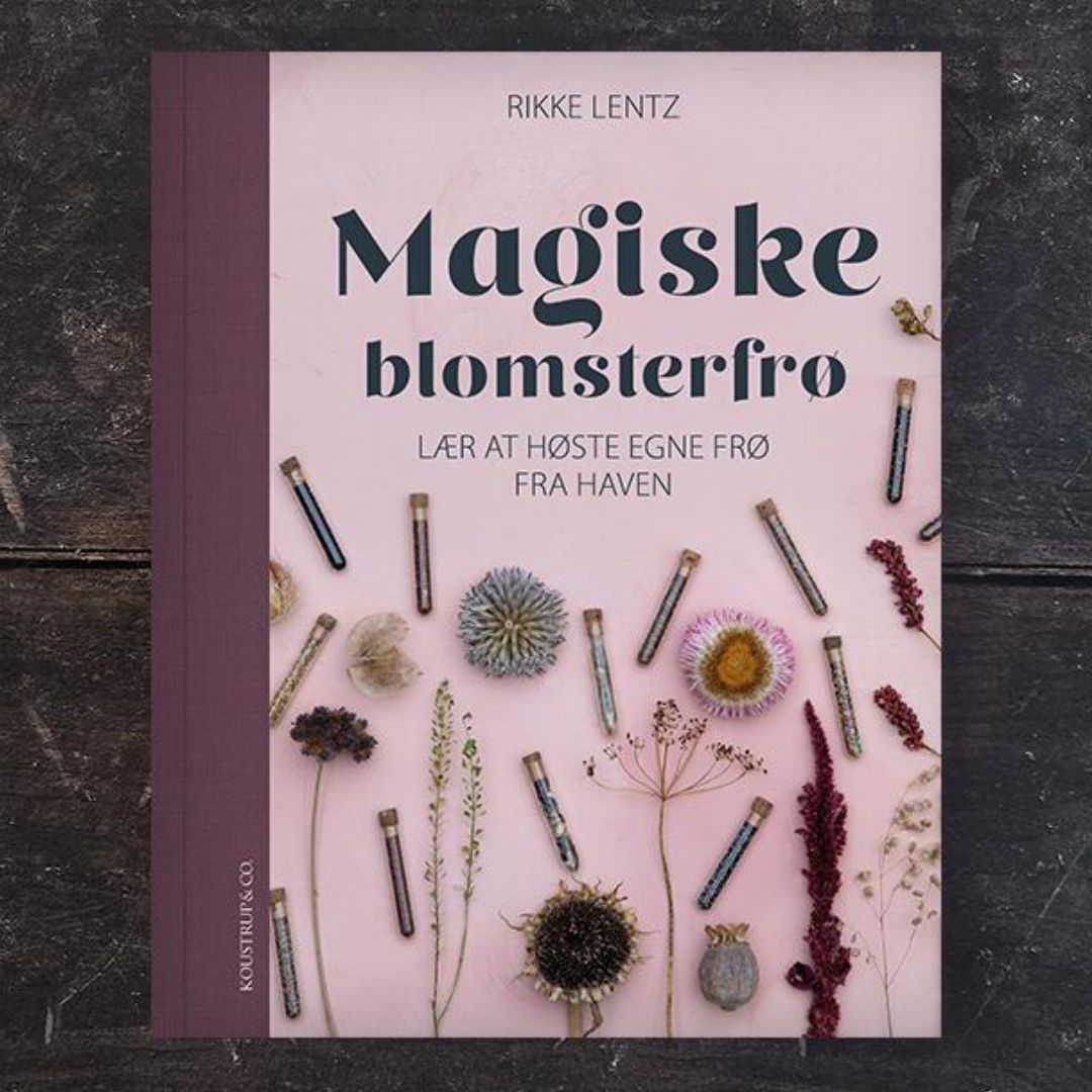 Magiske blomsterfrø af Rikke Lentz, indbundet bog med lyserødt omslag og tørrede blomster