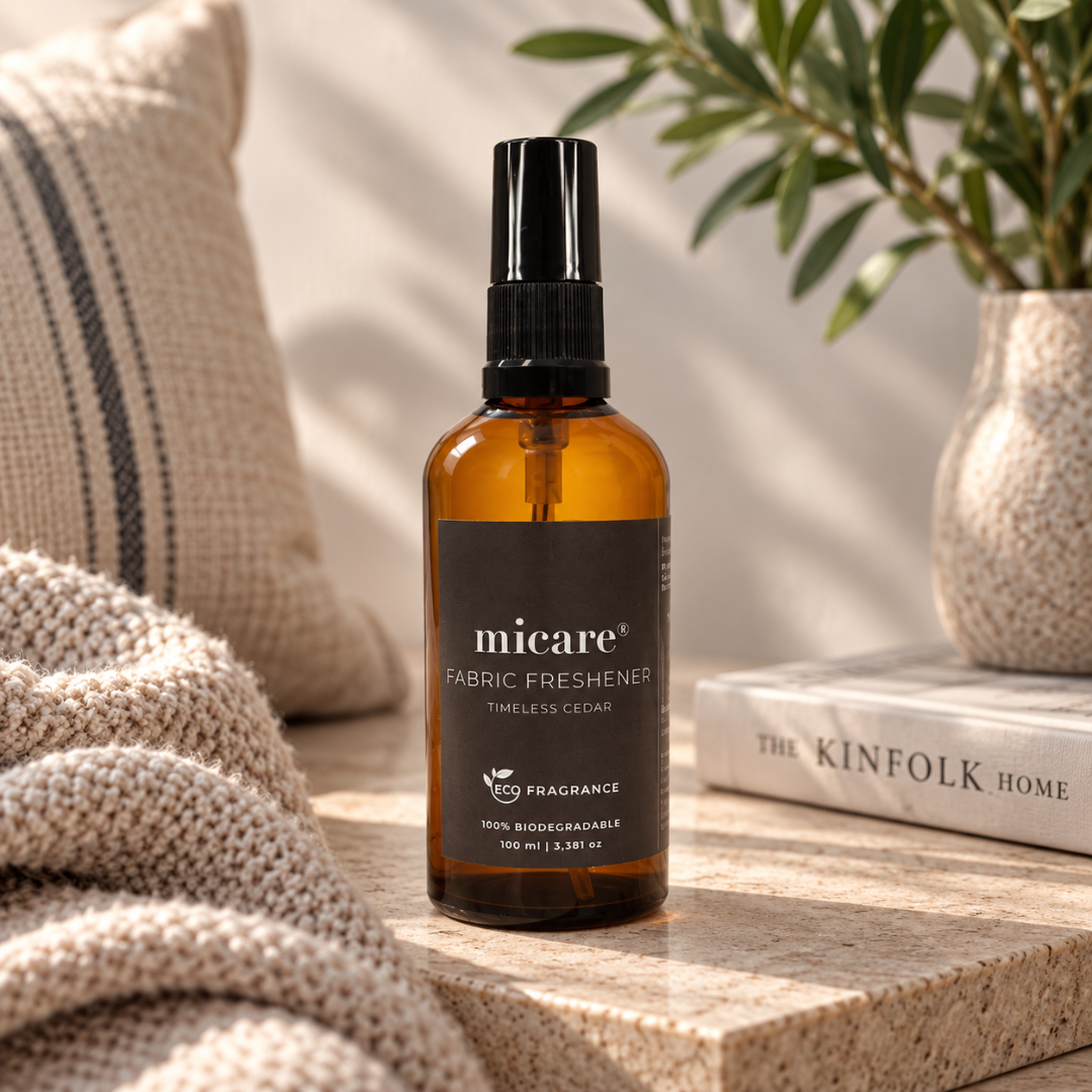Micare Fabric Freshener Timeless Cedar tekstilspray i ravfarvet glasflaske med sort pumpe, 100 ml