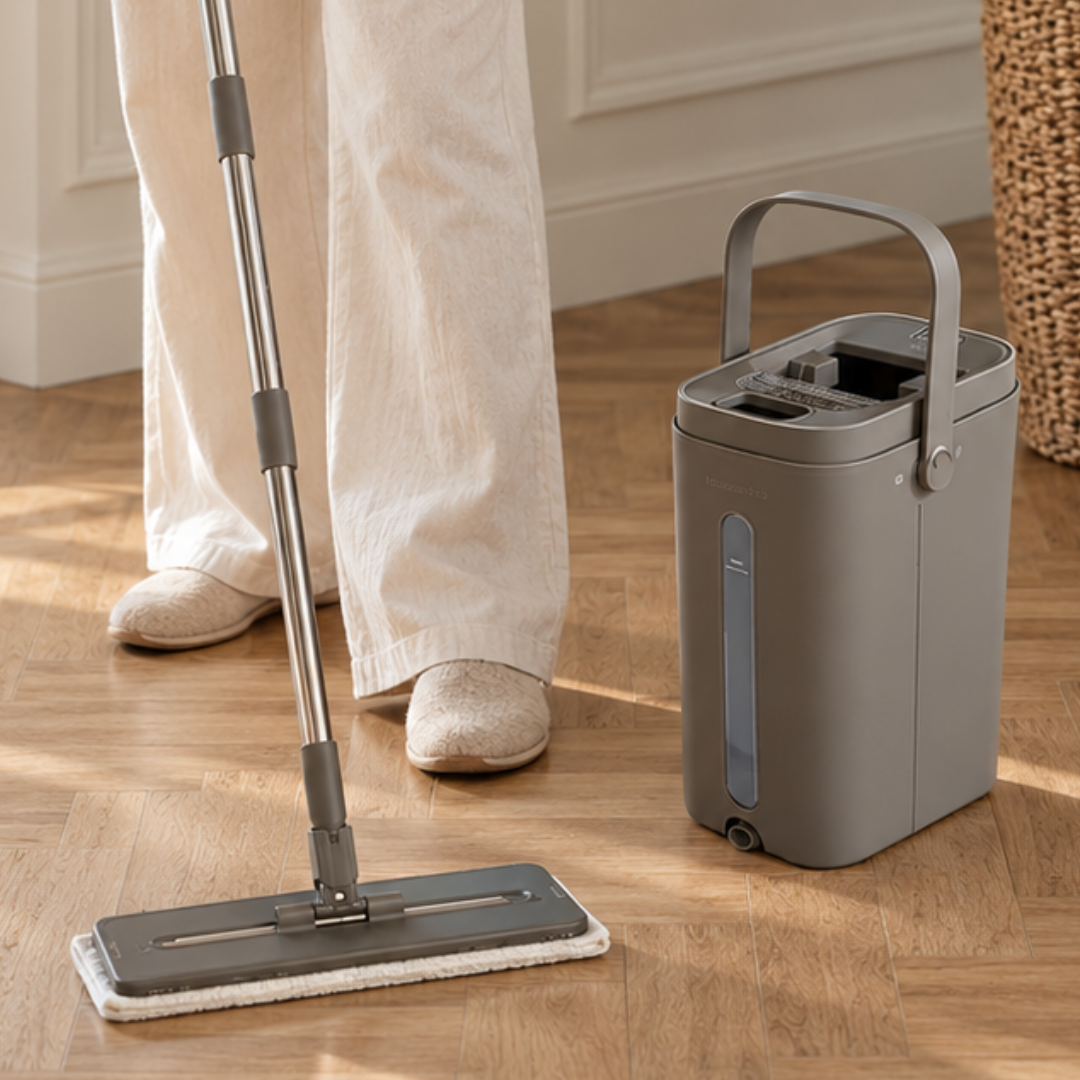 Gråt FreshMop moppesæt med fladmoppe og spand med håndtag på trægulv