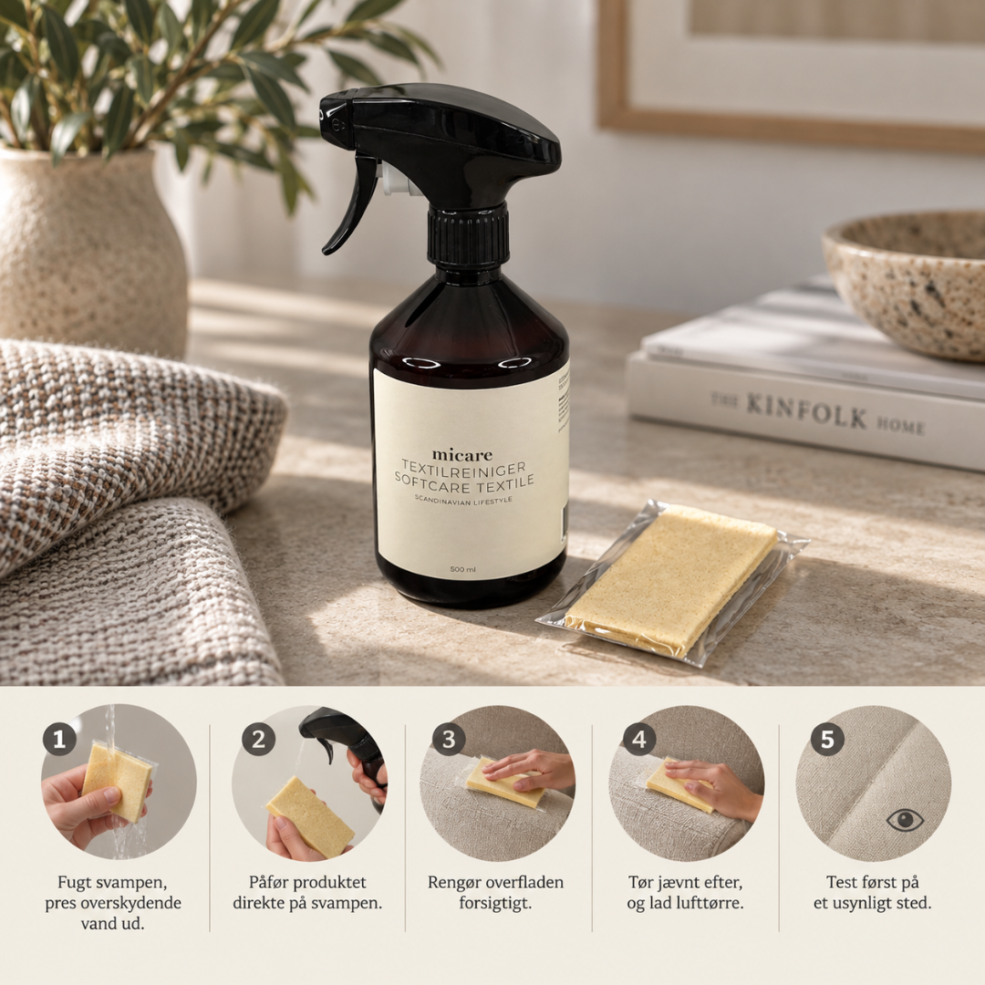Micare Softcare Textile tekstilrens i brun sprayflaske med sort pumpe, 500 ml, med cellulosesvamp