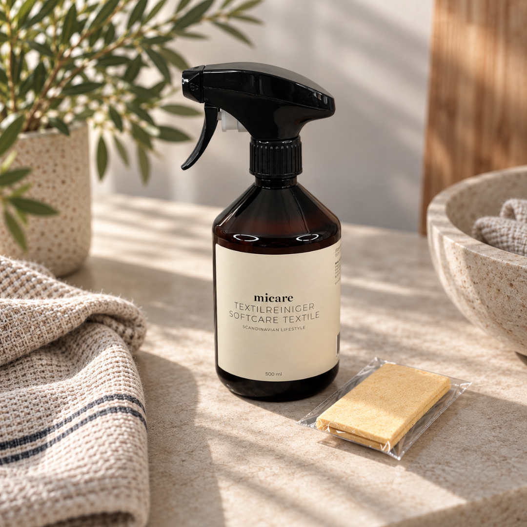 Micare Softcare Textile tekstilrens i brun sprayflaske på 500 ml med medfølgende cellulosesvamp