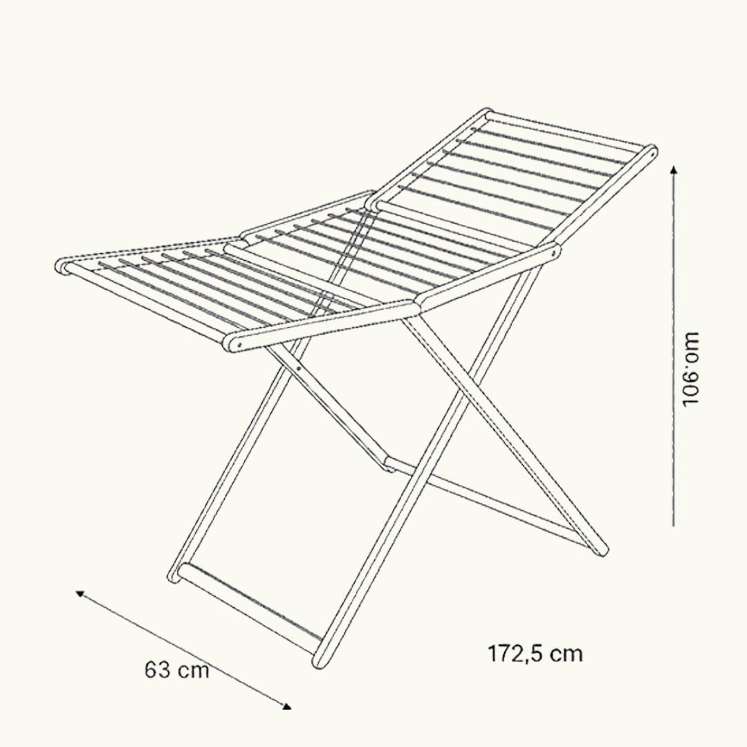 Teknisk tegning af foldbart tørrestativ i egetræ med mål: 172,5 x 63 x 106 cm