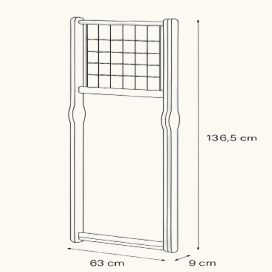 Måldiagram af sammenfoldet tørrestativ i egetræ, 136,5 cm højt og 63 cm bredt