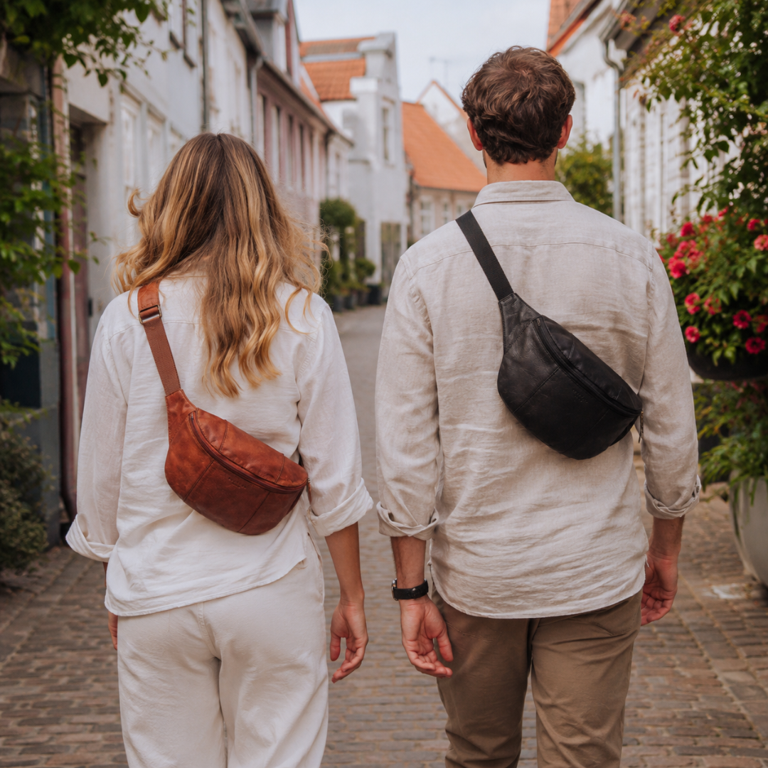 Custer Urban bæltetasker i cognac og sort læder båret som crossbody