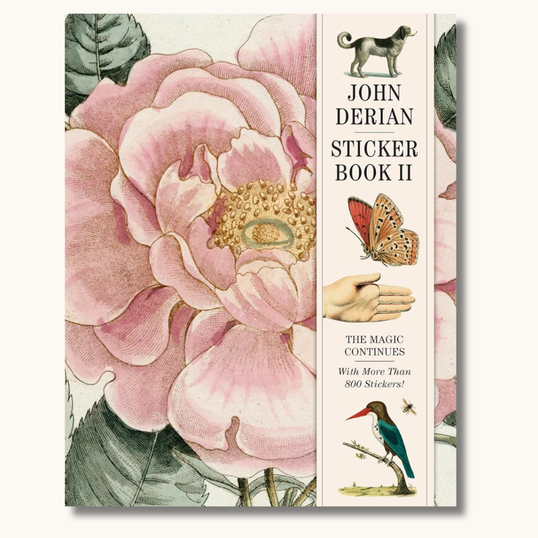 John Derian Sticker Book II hardcover klistermærkebog med lyserød blomst og vintage naturillustrationer