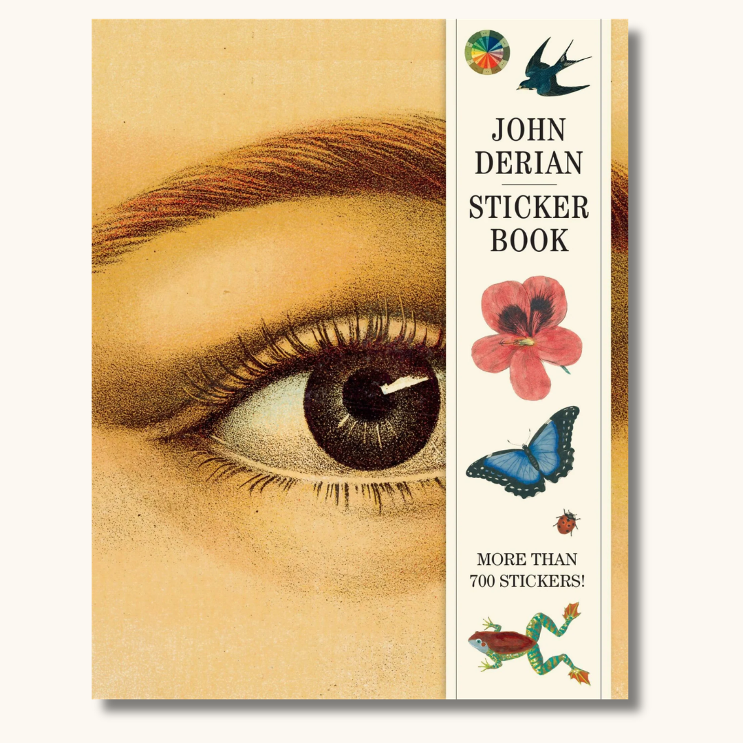 John Derian Sticker Book med vintage øje på forsiden og illustrationer af fugl, blomst og sommerfugl