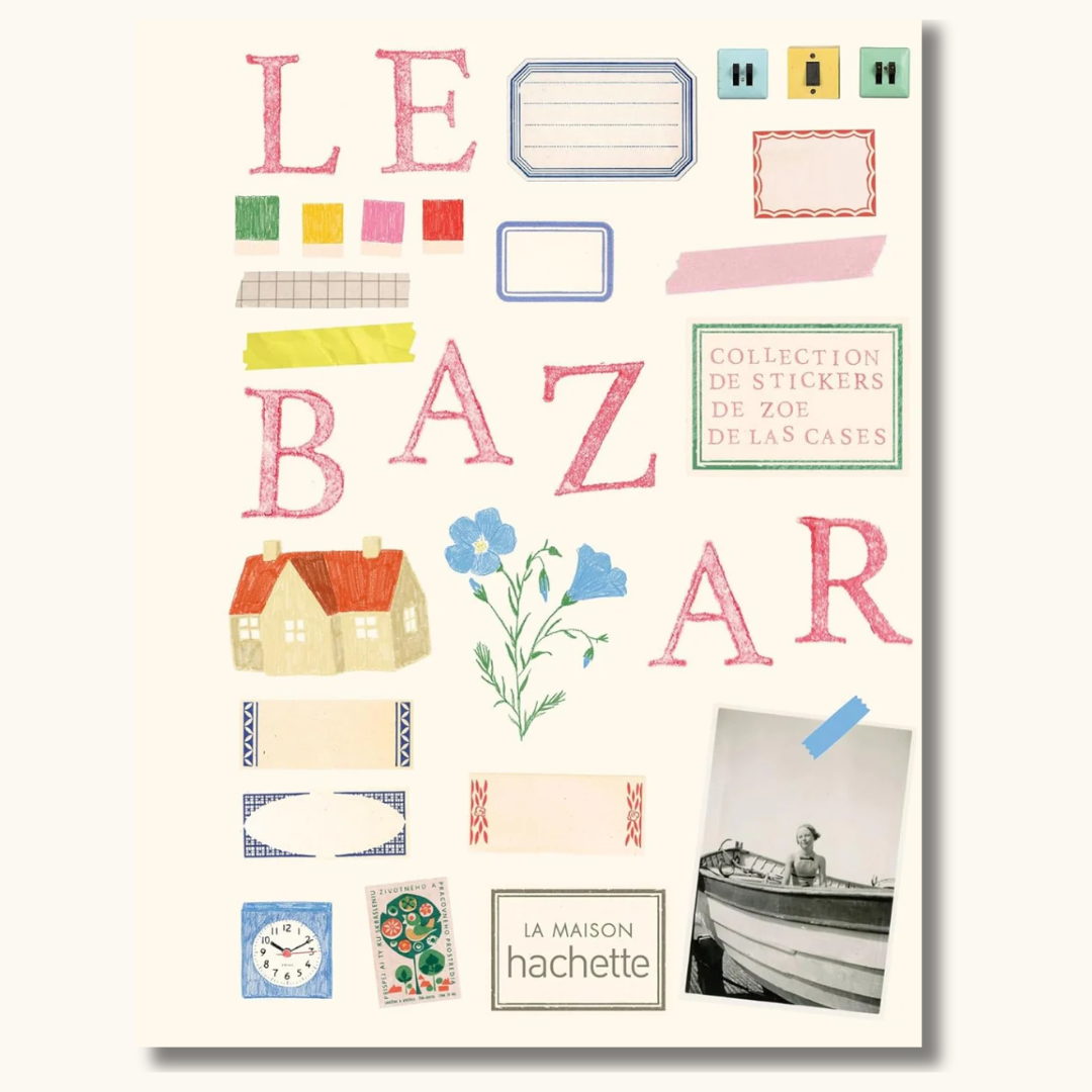 Klistermærkebog Le Bazar med farverige illustrationer af etiketter, blomster og hus på beige omslag