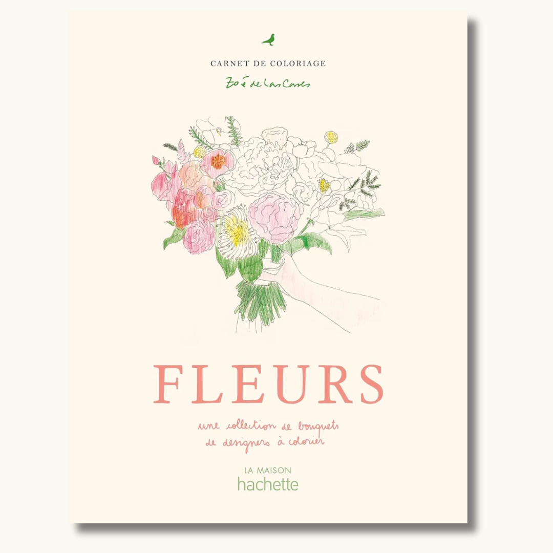 Beige hardcover malebog med blomsterbuket-illustration og titlen Fleurs