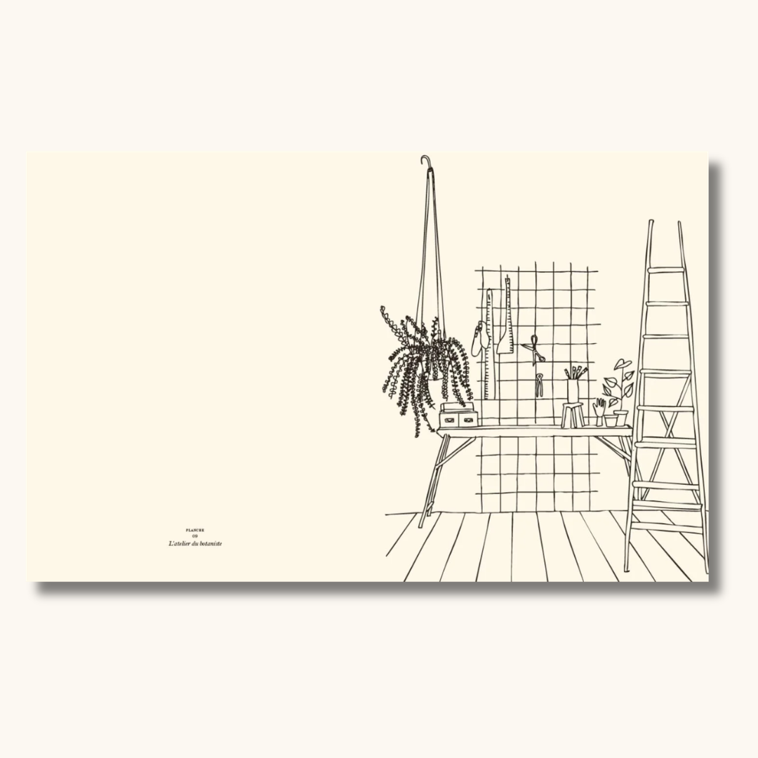 Opslag fra malebog med sort linje-illustration af botanisk atelier med hængende plante