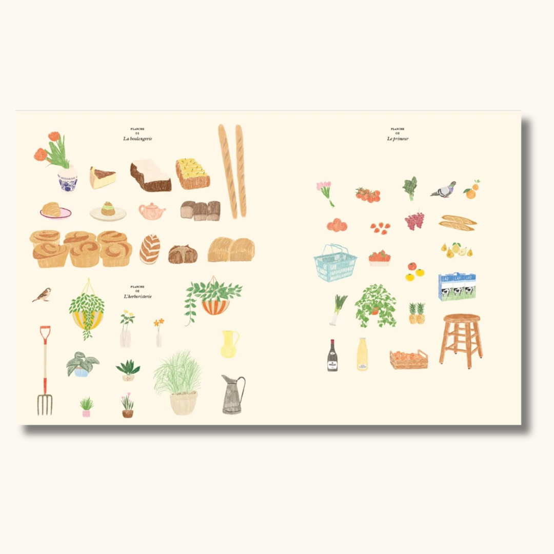 Opslag fra malebog med farverige illustrationer af brød, planter, frugt og grøntsager
