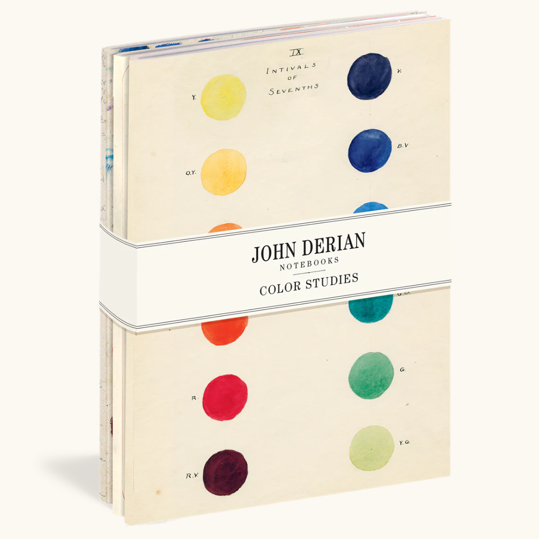 Sæt af 3 John Derian notesbøger med cremefarvede omslag og farverige akvarelcirkler