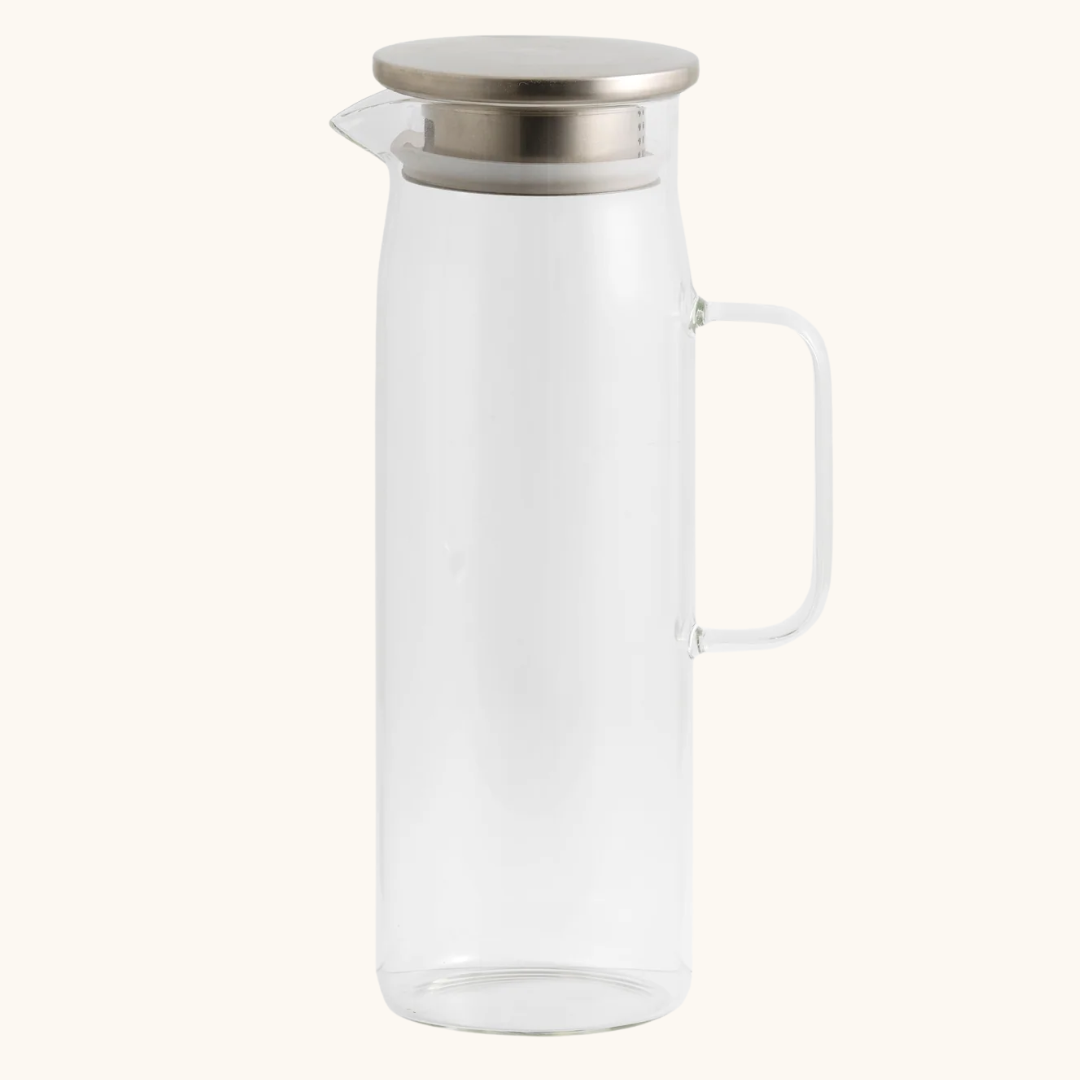 Cylindrisk glaskande med kromlåg og greb, klar og gennemsigtig, 1,3 liter