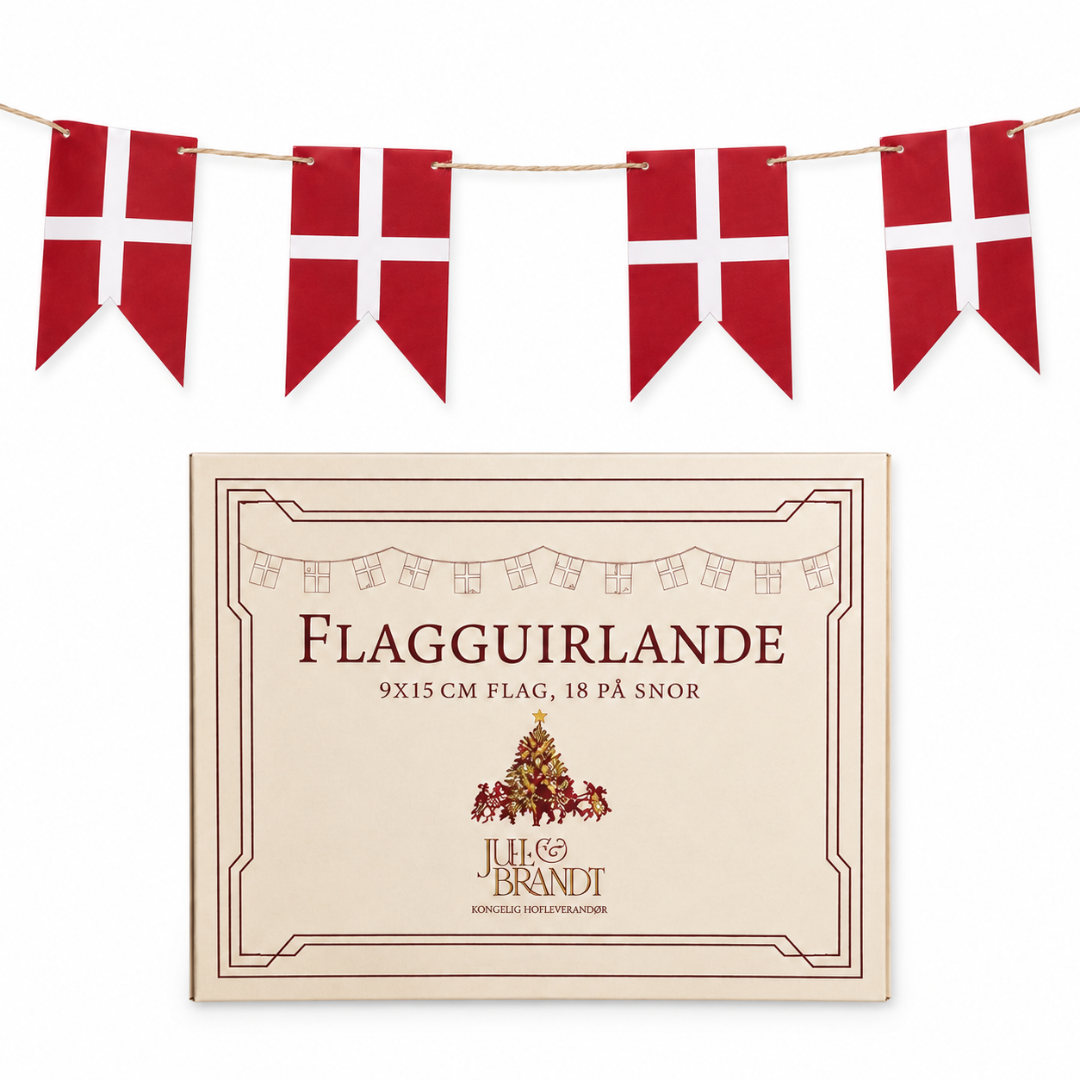 Dannebrog flagguirlande i papir med 18 røde flag på sisalsnor, vist med æske