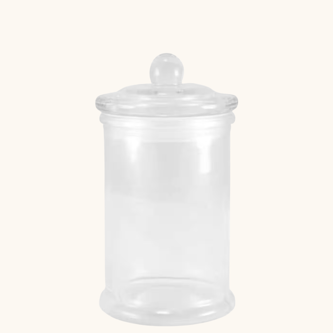 Klar glaskrukke med cylindrisk form og glaslåg med rund knop