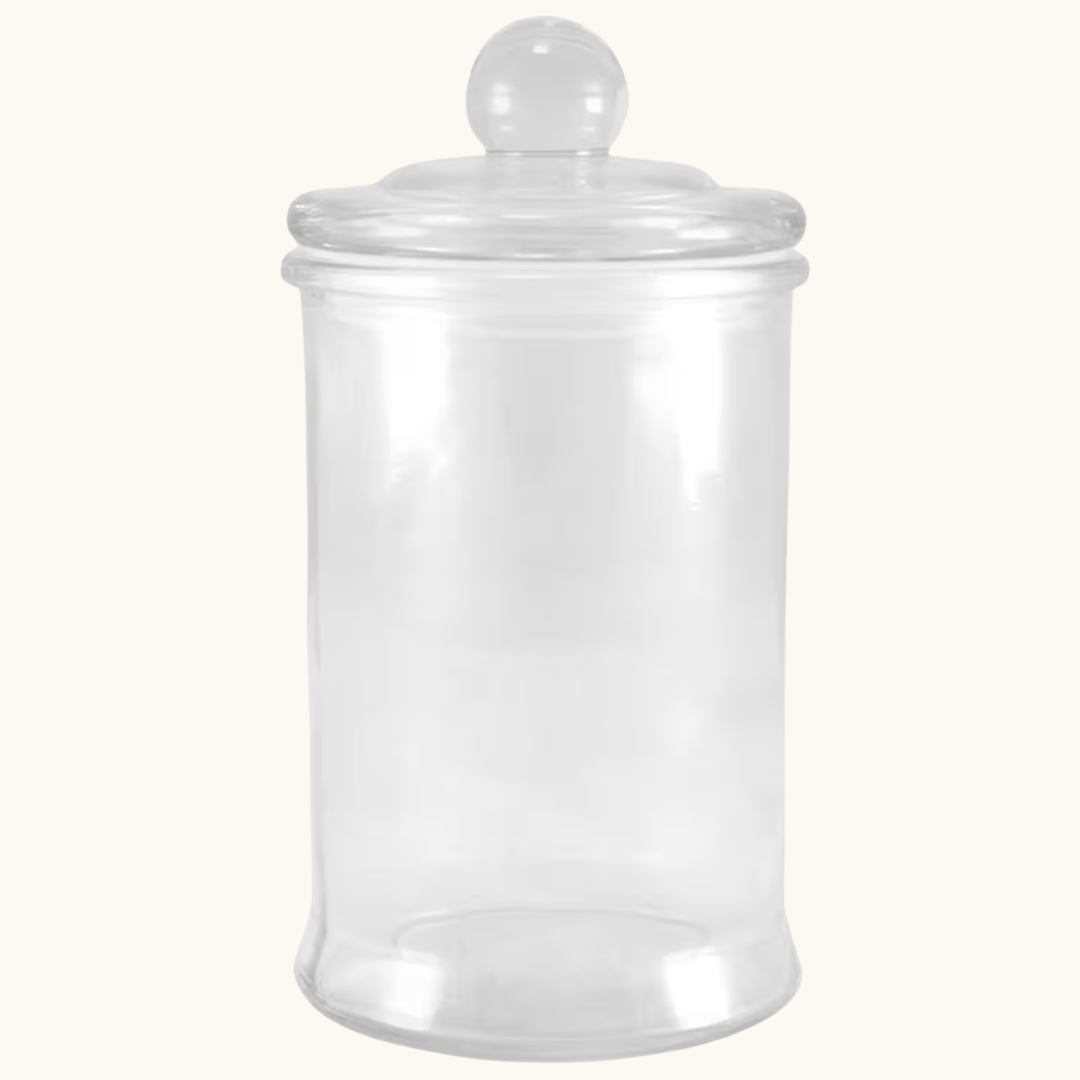 Klar glaskrukke med glaslåg og rund knop, cylindrisk form