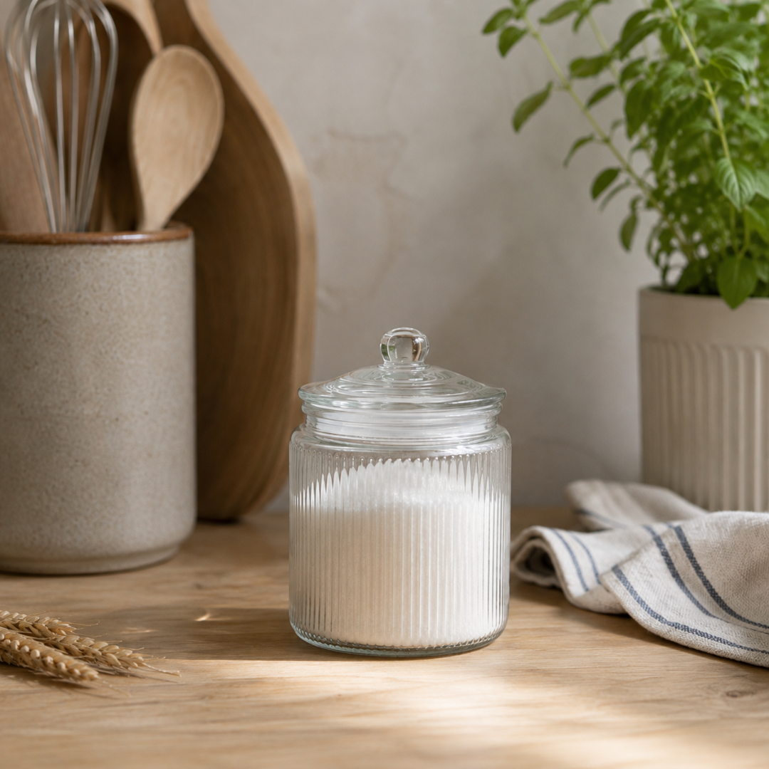 Klar glaskrukke med riflet design og glaslåg med knopformet håndtag, fyldt med hvidt indhold