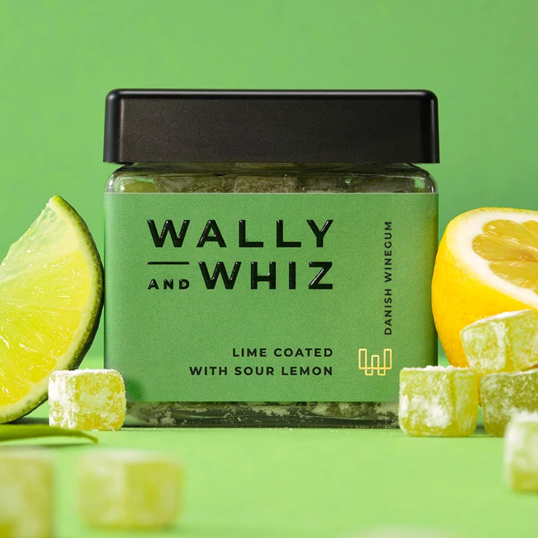 Wally and Whiz vingummi i grøn glasbøtte med sort låg, lime/sur citron-smag