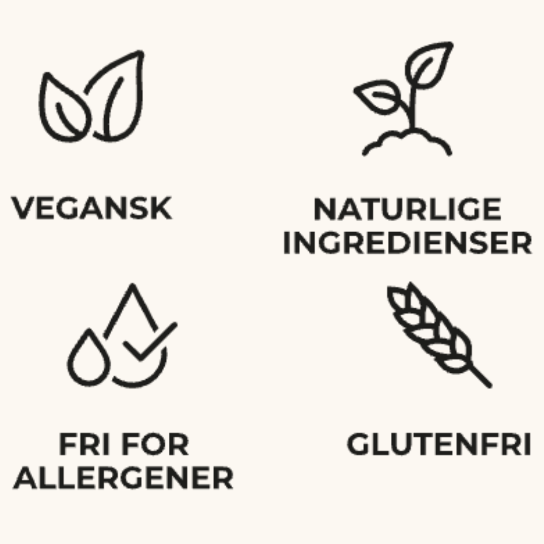 Ikoner der viser vingummikalenderens egenskaber: vegansk, naturlige ingredienser, fri for allergener og glutenfri