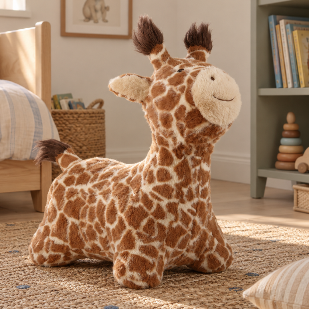 Brun plys hoppegiraff med girafmønster i brune og cremefarvede toner