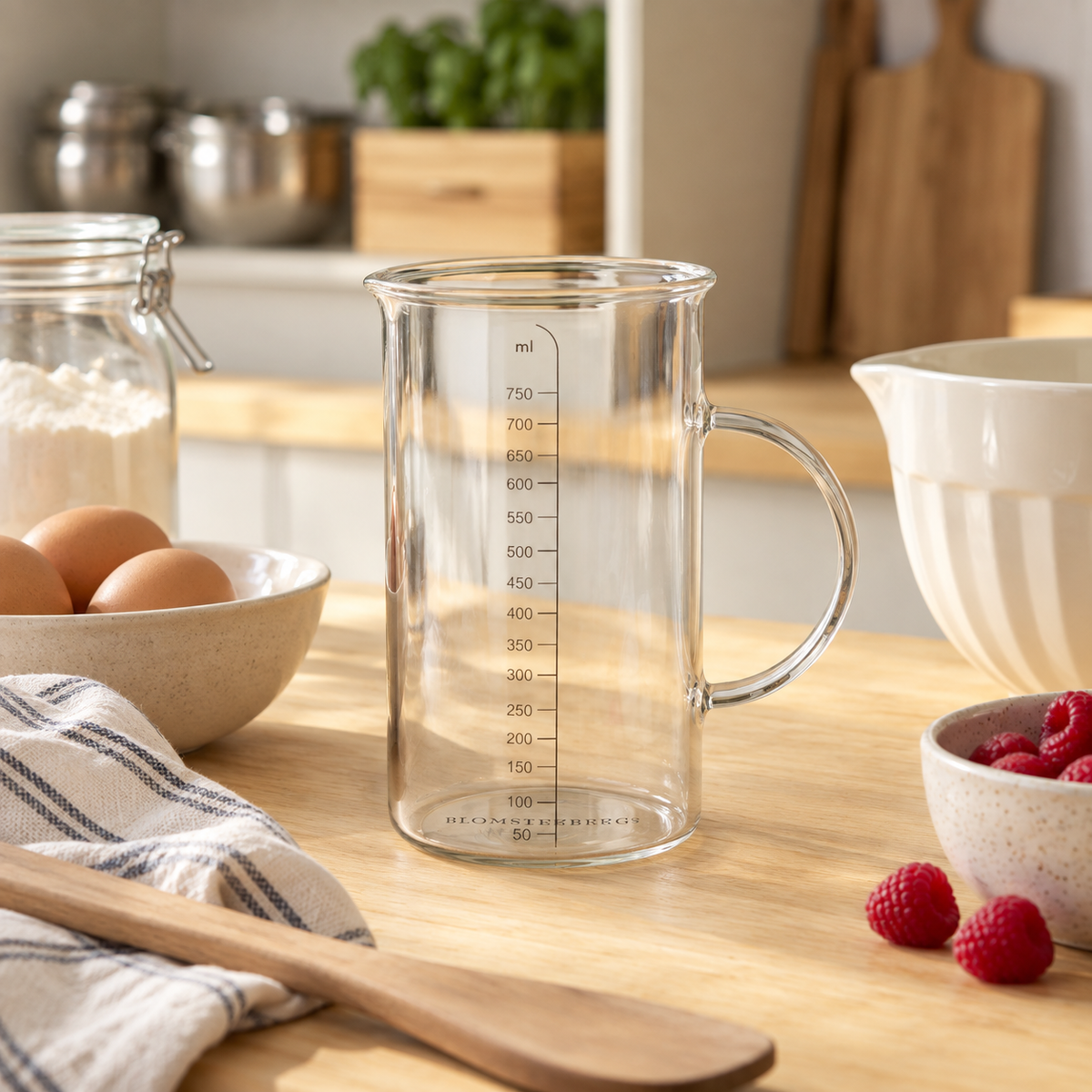 Transparent målekande i borosilikatglas med håndtag og ml-skala op til 750 ml, som står på et køkkenbord
