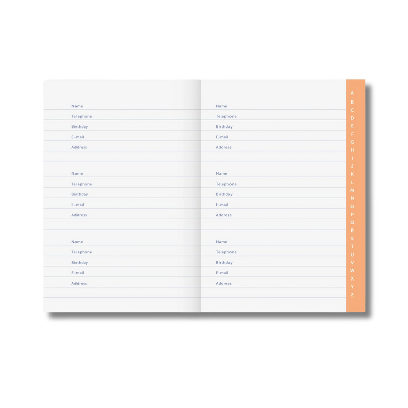Køb Address Book Lavendelblå med orange kanter | 149,95 | Fri fragt over 149 kr. | Hurtig levering | Dag til dag levering | A-Journal | Notesbog, Organisering, Adresser, Telefonnummer, Mail 