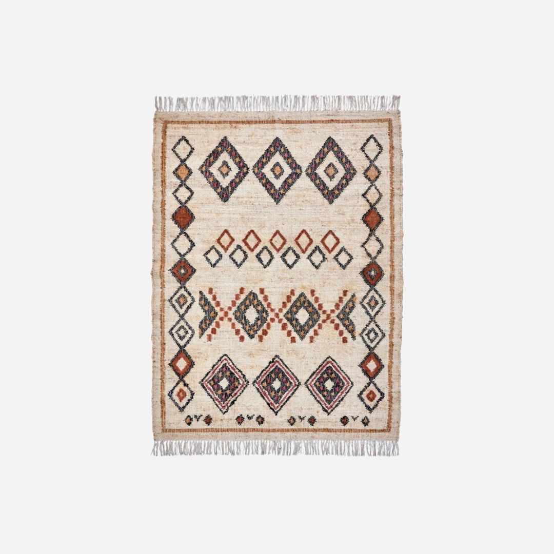 Køb Tæppe Kesh Beige | fra 919,00 | Flere størrelser | Fri fragt over 149 kr. | Hurtig levering | Dag til dag levering | House Doctor | Tæppe, Bomuldstæppe, Beige, Rød, Mønstret tæppe, Frynser, Tæppe med frynser