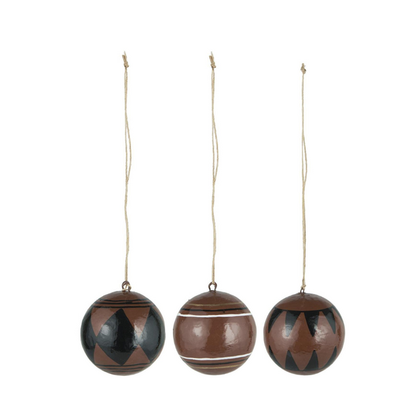 Julekugler i papmache Rustic Brown med mønster - sæt af 3 stk