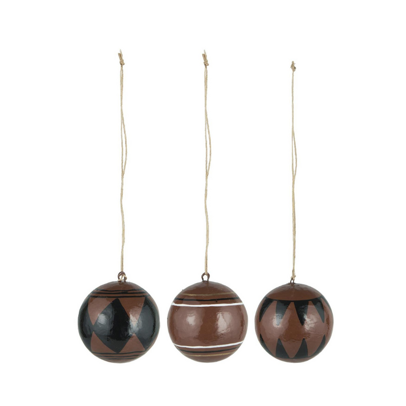 TILBUD Julekugler i papmache Rustic Brown med mønster - sæt af 3 stk