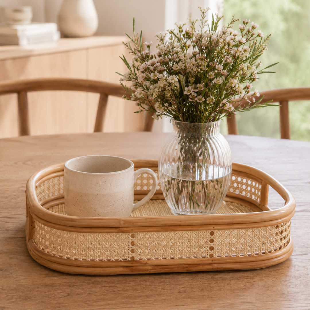 Oval rattanbakke med fransk flet i natur med afrundede håndtag