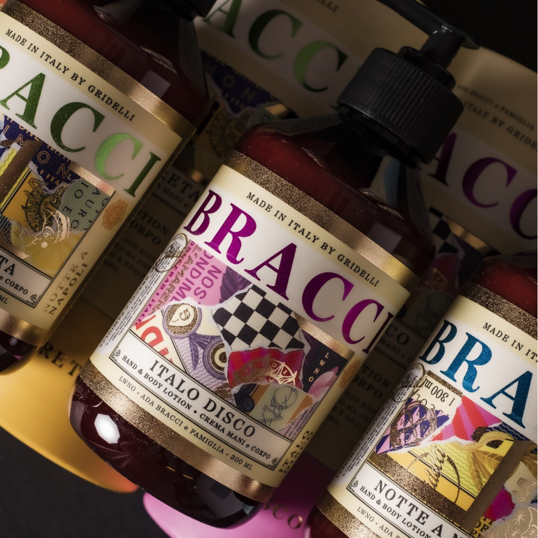 Bracci hånd- og bodylotion flasker med farverige collage-etiketter og pumpe, 300 ml
