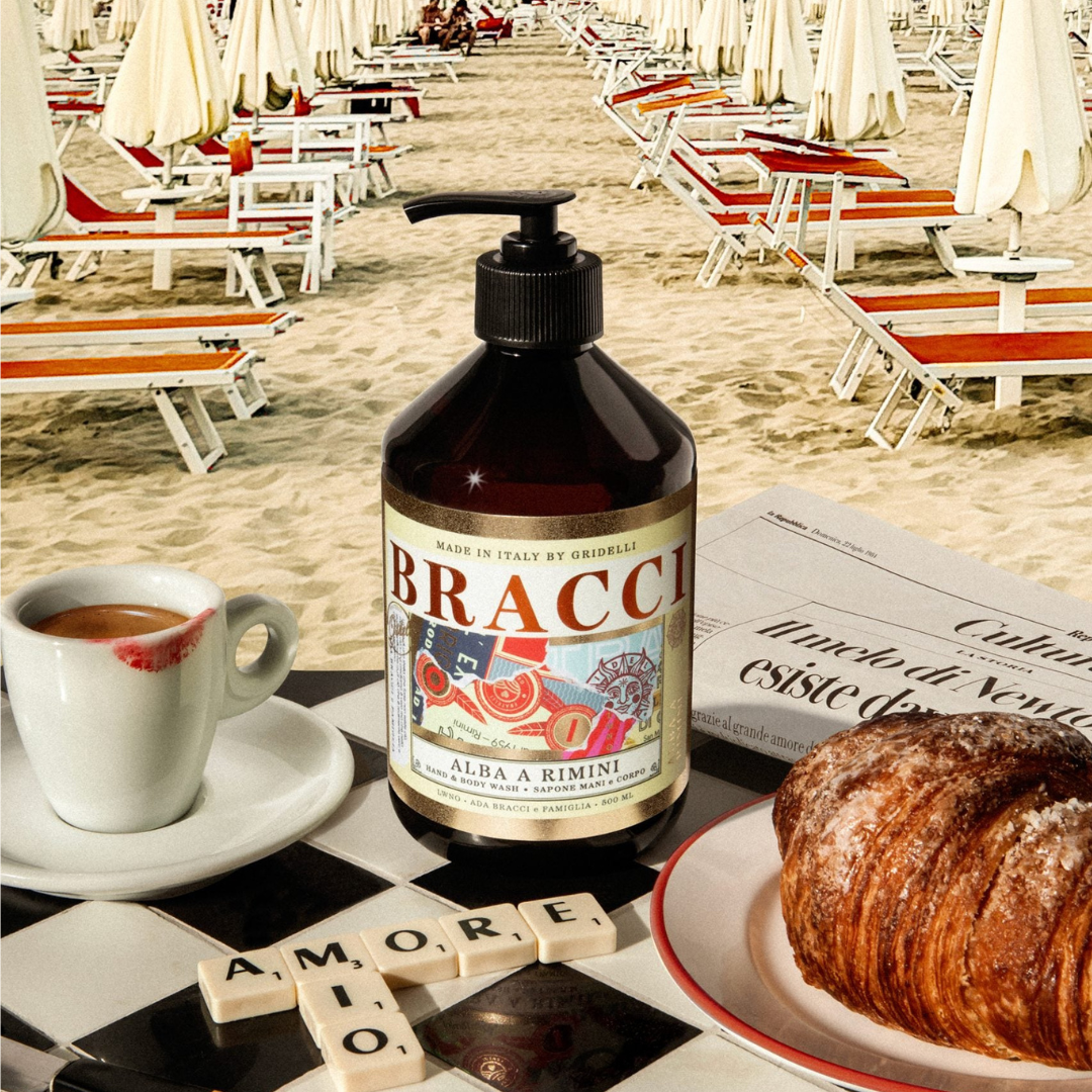 Bracci Alba a Rimini hånd- og kropssæbe i brun pumpeflaska med farverigt italiensk etiket-design
