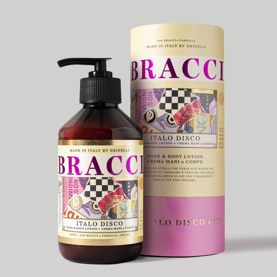 Bracci Italo Disco hånd- og bodylotion i brun pumpeflaske med farverig etikett og cylindrisk gaveæske