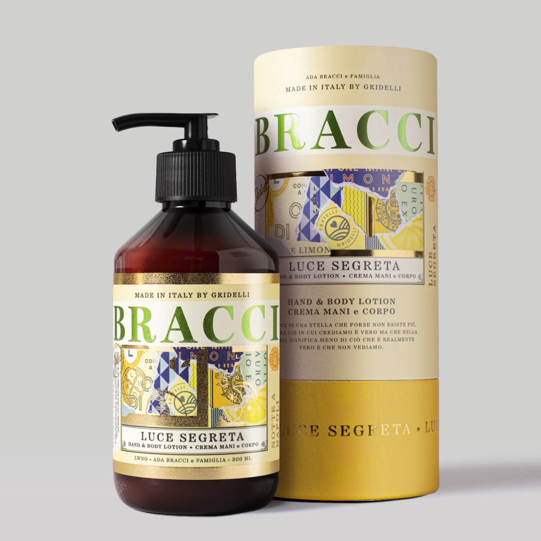 Bracci Luce Segreta hånd- og bodylotion i brun pumpeflaske med dekorativ etiket og gul gaveæske