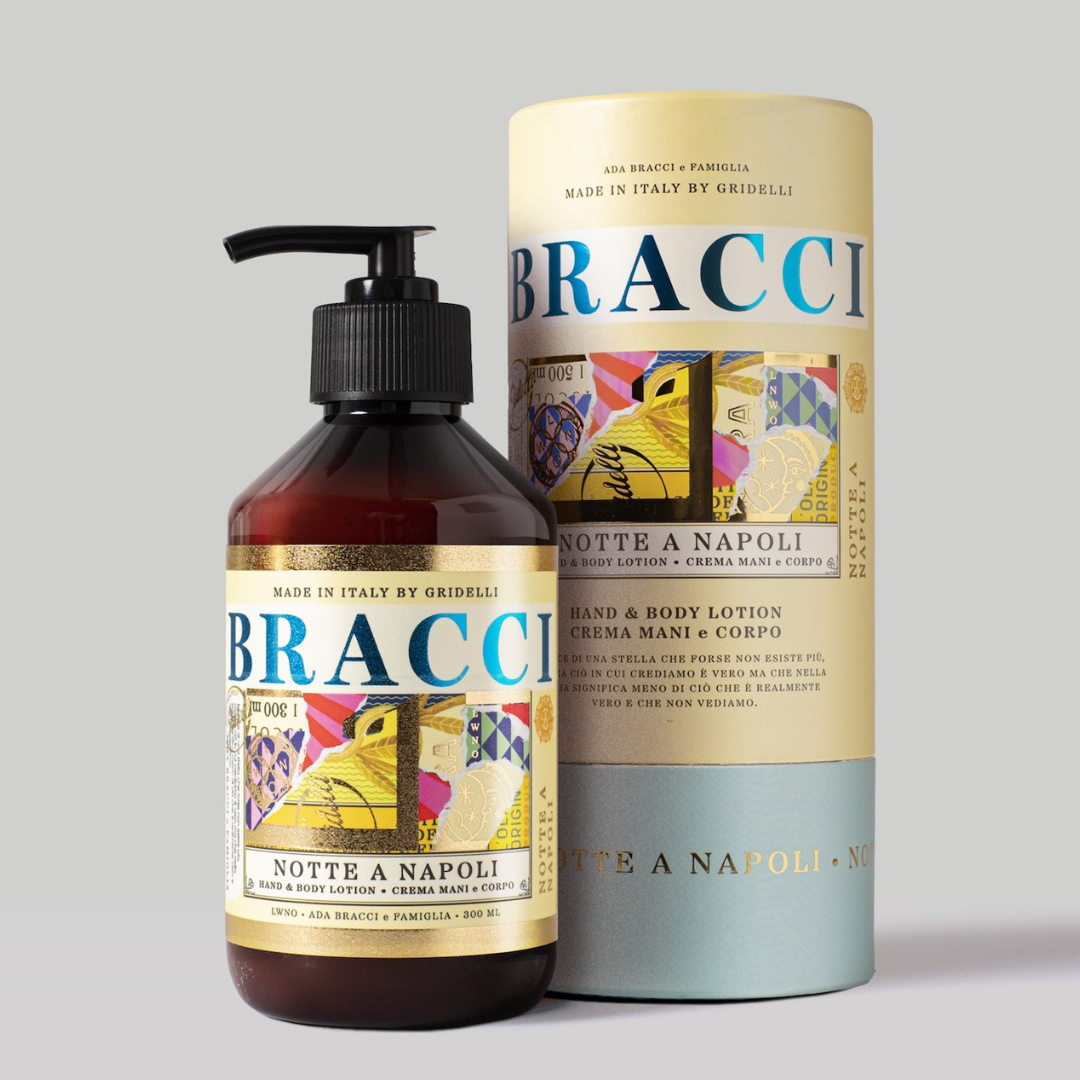 Bracci Notte a Napoli hånd- og bodylotion i brun pumpeflaske med farverig etikett og cylindrisk gaveæske