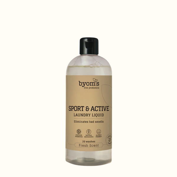 Køb Flydende vaskemiddel - Sport & Active - Probiotic Laundry Liquid - Fresh Scent | 149,95 | Fri fragt over 149 kr. | Hurtig levering | Dag til dag levering | byoms | Vaskemiddel, Vaskepulver, Sæbepulver, Sæbe, Rensning, Blødgør, Dejlig duft, Rengørning, Uden kemi, Probiotika, Fri for parabener, Fri for farvestoffer, Fri for kemiske parfumer, Fri for hormonforstyrrende stoffer, Fri for kræftfremkaldende stoffer